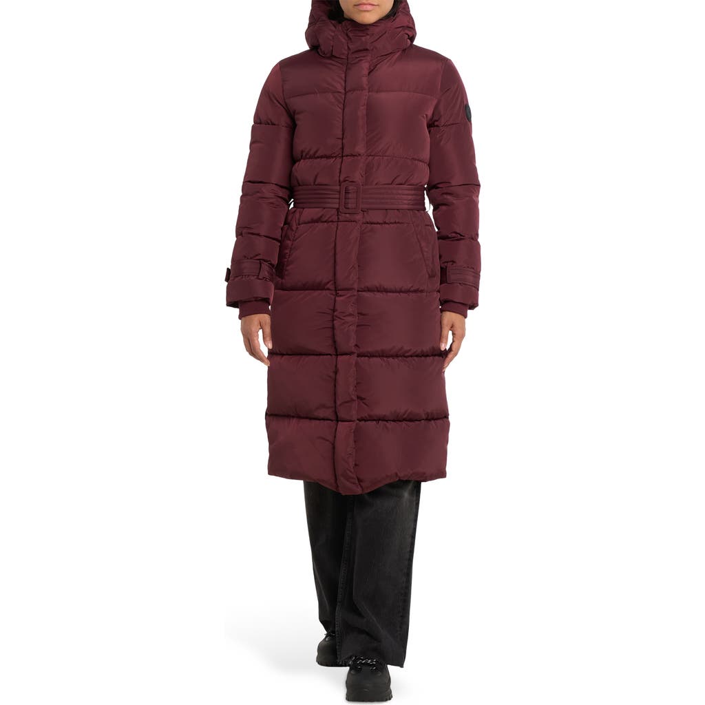 Noize Mara Belted Maxi Puffer Coat With Removable Hood In Red