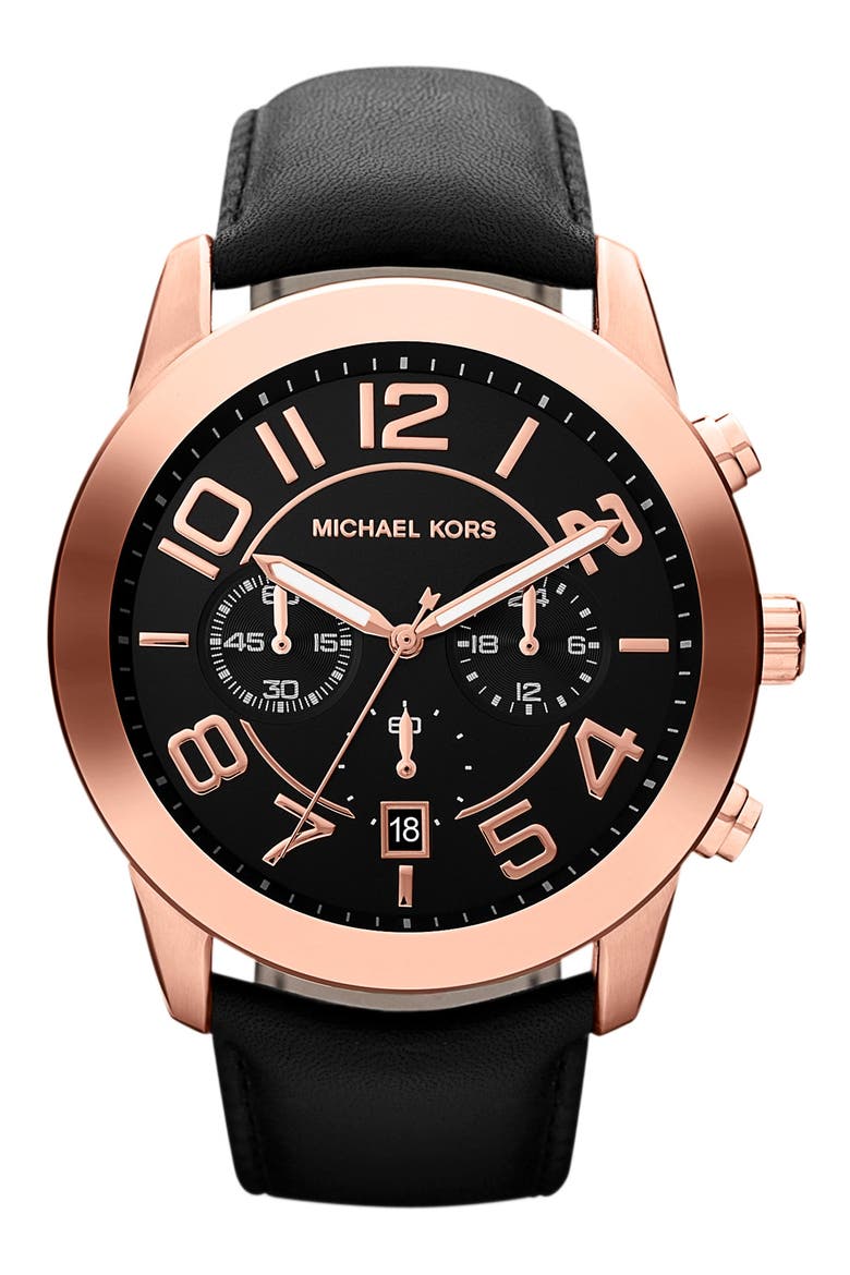 Michael Kors 'Mercer' Large Chronograph Leather Strap Watch, 45mm, Main, color, BLACK/ ROSE GOLD