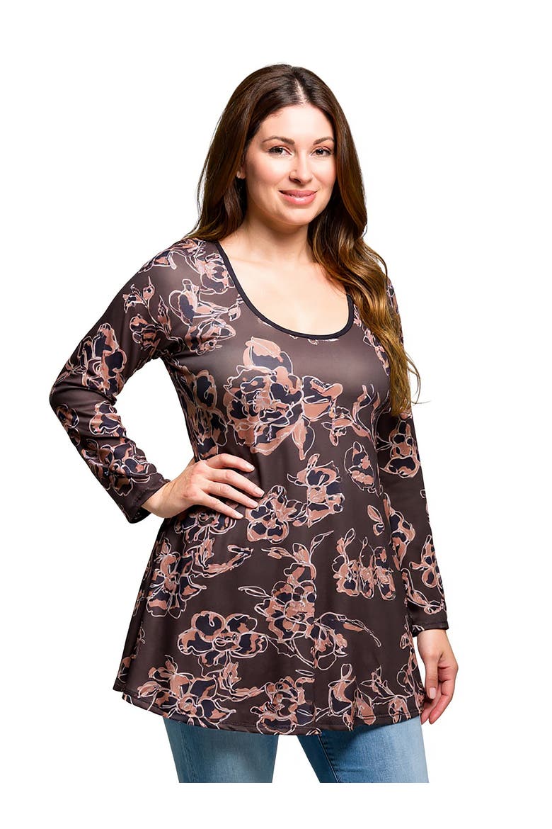 Plus Size Floral Print Long Sleeve Tunic Top, Alternate, color, Brown Multi