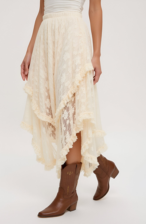 Modenaire Tiered Lace Asymmetrical Skirt With Handkerchief Hem And Lined Detail In Neutral