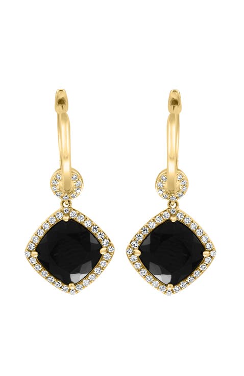 14K Yellow Gold Black Onyx Statement Diamond Huggie Earrings
