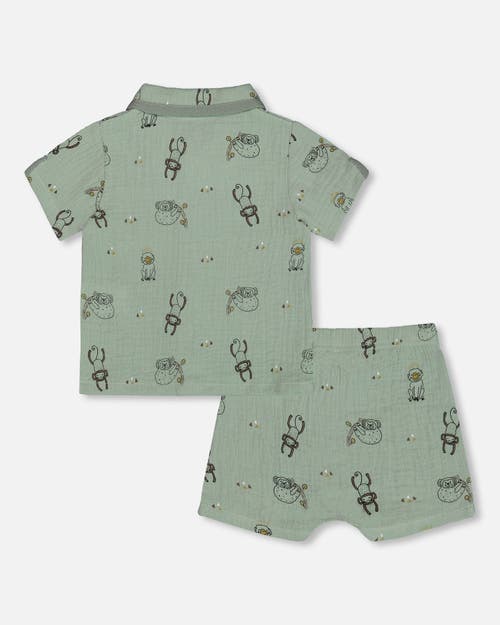 DEUX PAR DEUX DEUX PAR DEUX BABY BOY'S PRINTED MUSLIN SHIRT AND SHORT SET SAGE MONKEY 