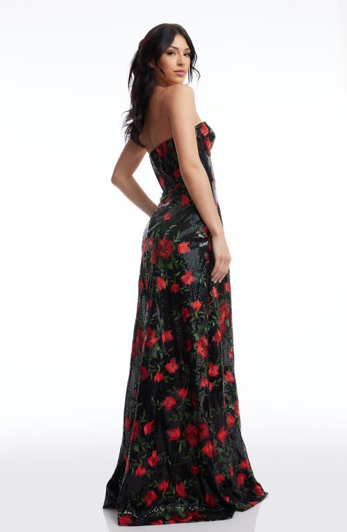 Shop Dress The Population Daven Floral Print Sequin Strapless Gown In Rouge Multi