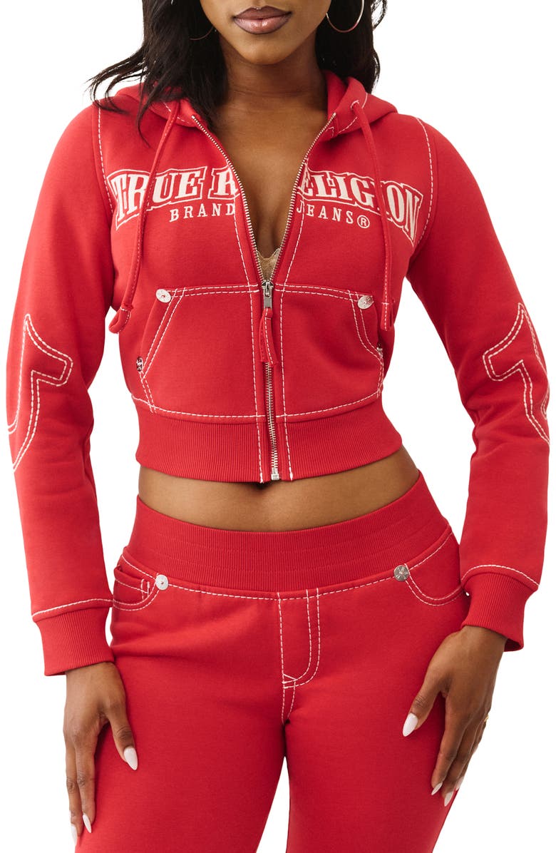 True Religion Shrunken Zip Front Crop Hoodie, Main, color, Scarlet Sage