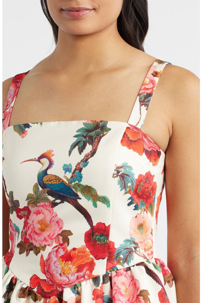 Floral Basque Waist Fit & Flare Minidress, Alternate, color, IVORY MULTI