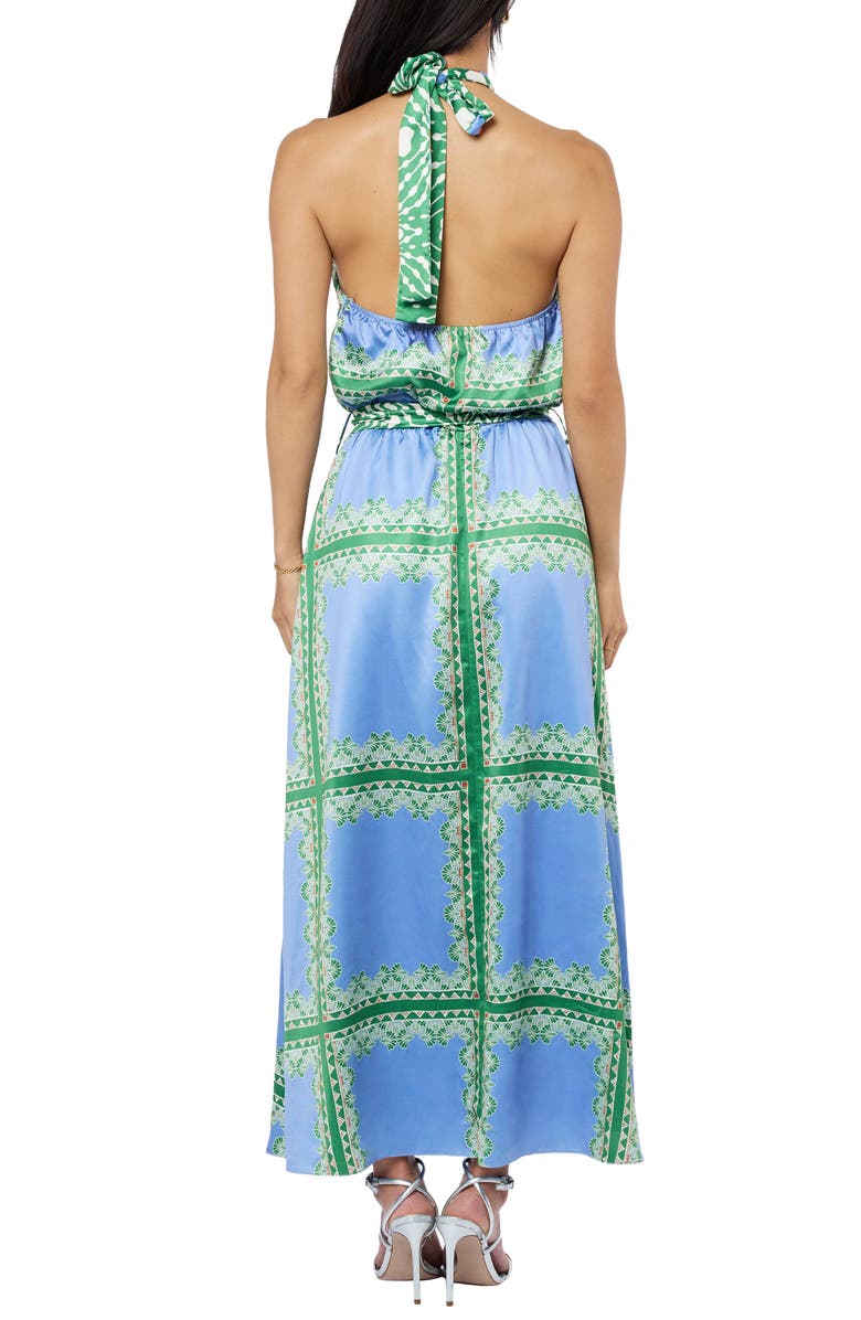 CIEBON Leche Scarf Print Halter Neck Satin Maxi Dress, Alternate, color, Blue Multi