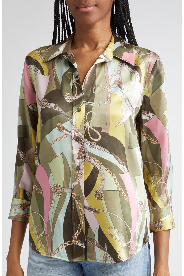 Dani Three Quarter Sleeve Silk Button-Up Shirt, Alternate, color, OLIVE MULTI BELT SWIRL
