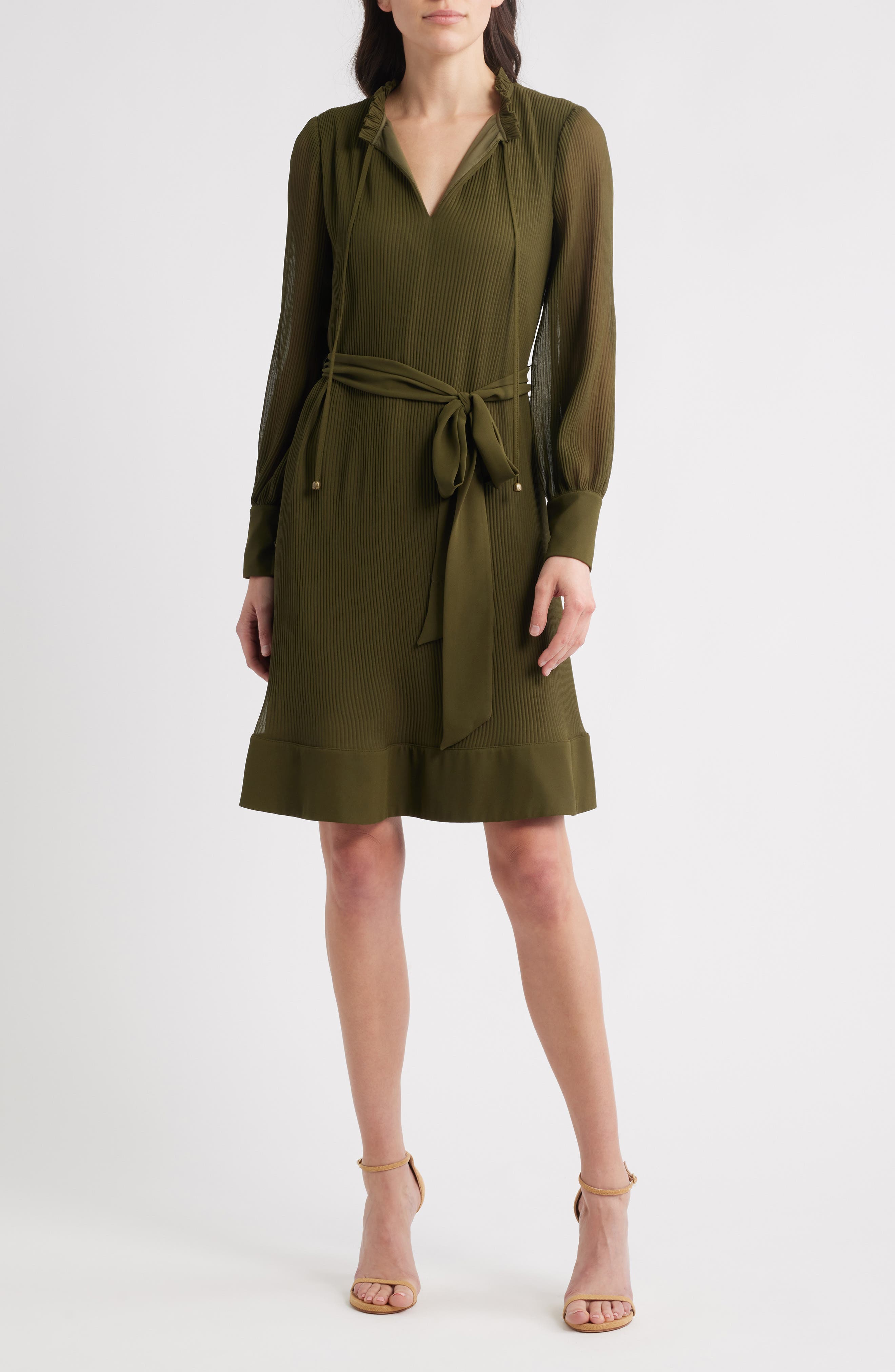 Ruffle Tie Waist Long Sleeve Dress