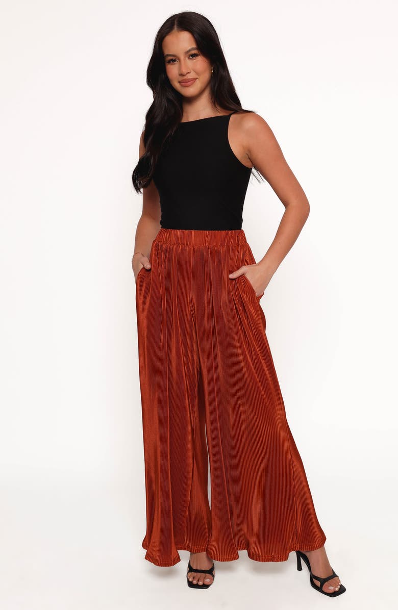Petal & Pup Leria Plissé Wide Leg Satin Pants, Alternate, color, Burnt Orange