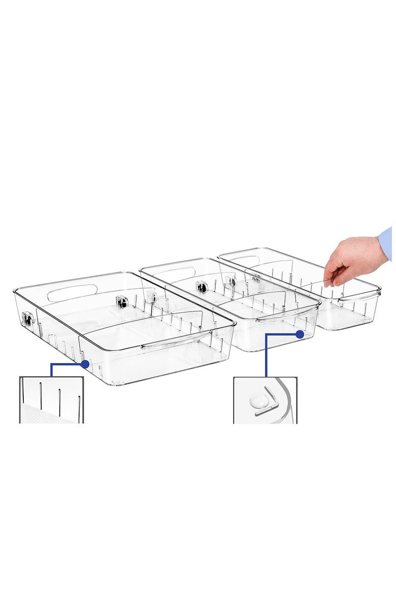 Set of 3 Flat Clear Organizing Wheeled Bins, Alternate, color, CLEAR
