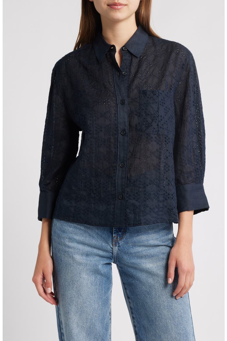 Lucia Eyelet Ramie Button-Up Shirt, Main, color, SLEMB