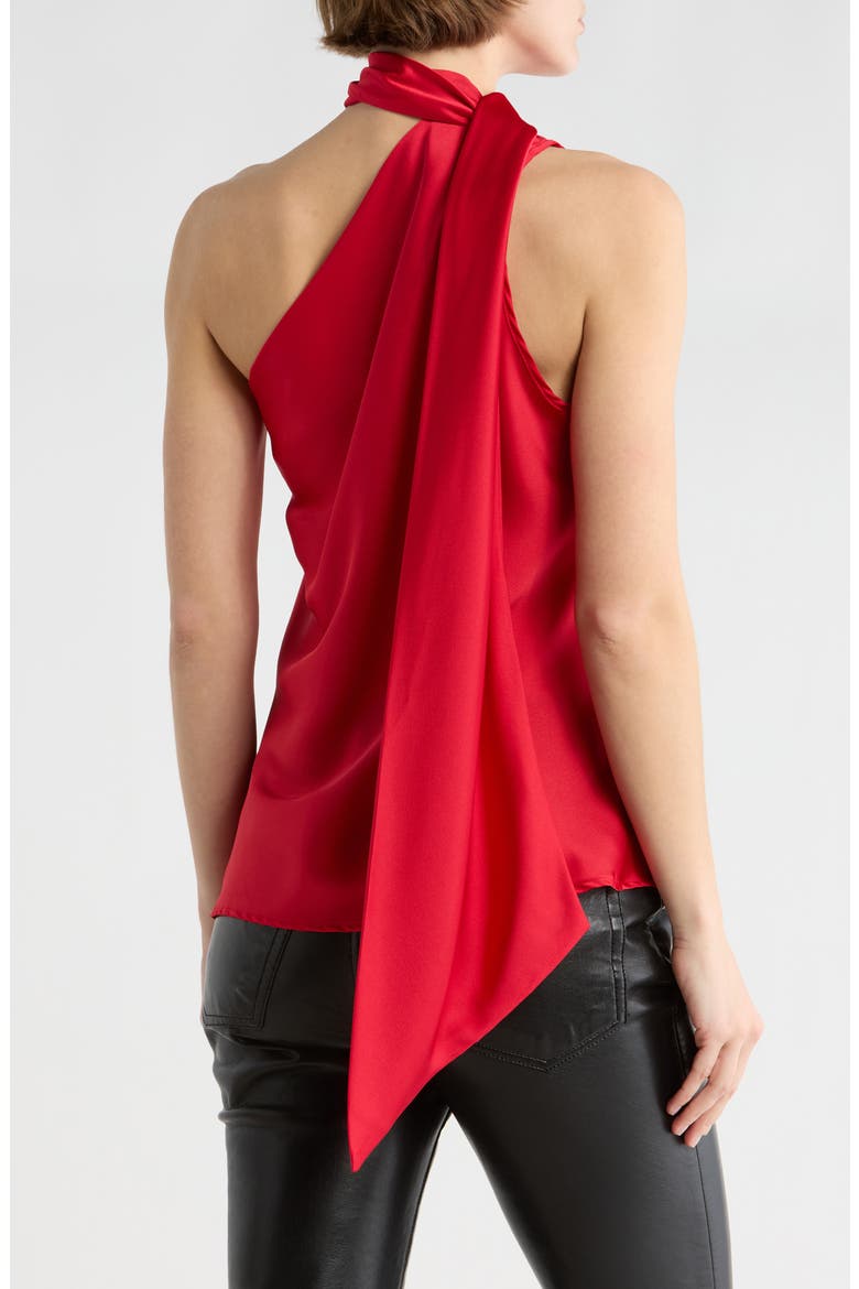Scarf Detail One-Shoulder Satin Top, Alternate, color, RED