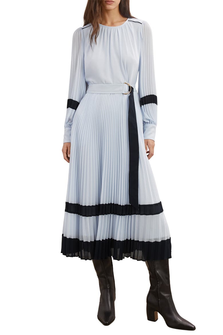 Tori Long Sleeve Pleated Dress, Main, color, BLUE/ NAVY