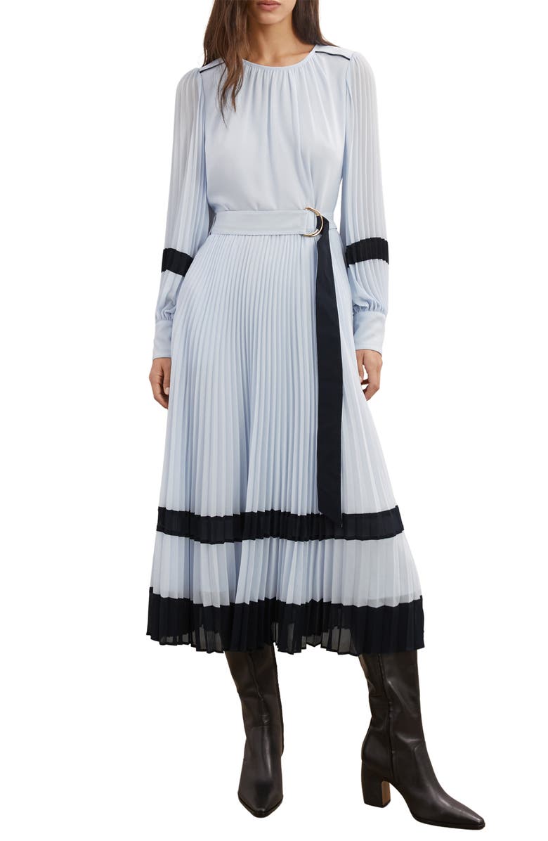 Reiss Tori Long Sleeve Pleated Dress, Main, color, Blue/ Navy