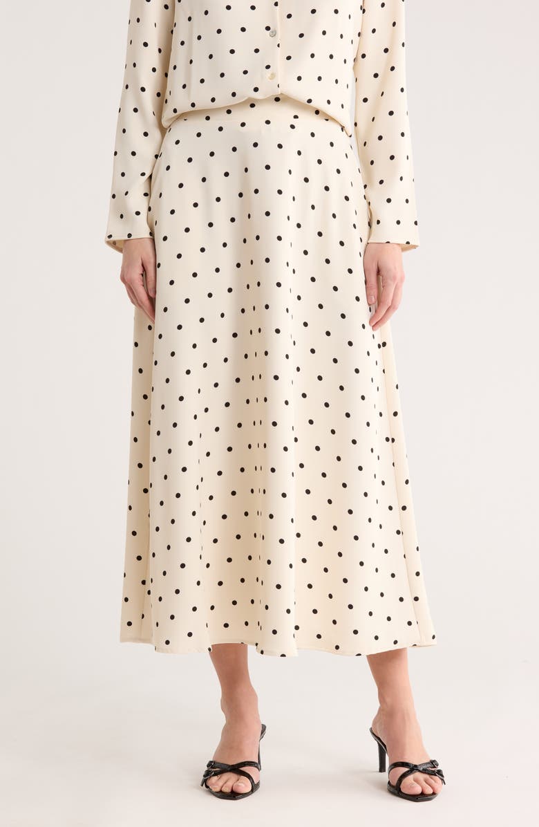 MELLODAY Luxe Polka Dot Crepe Midi Skirt, Main, color, Bone Black Dot