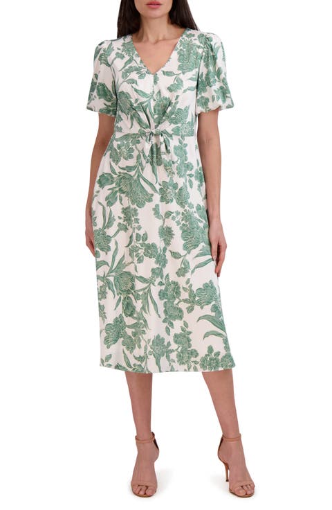 Floral Puff Sleeve Tie Waist Midi Dress
