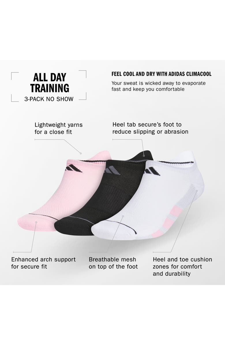 adidas Assorted 3-Pack All Day Training Performance No-Show Socks, Alternate, color, 