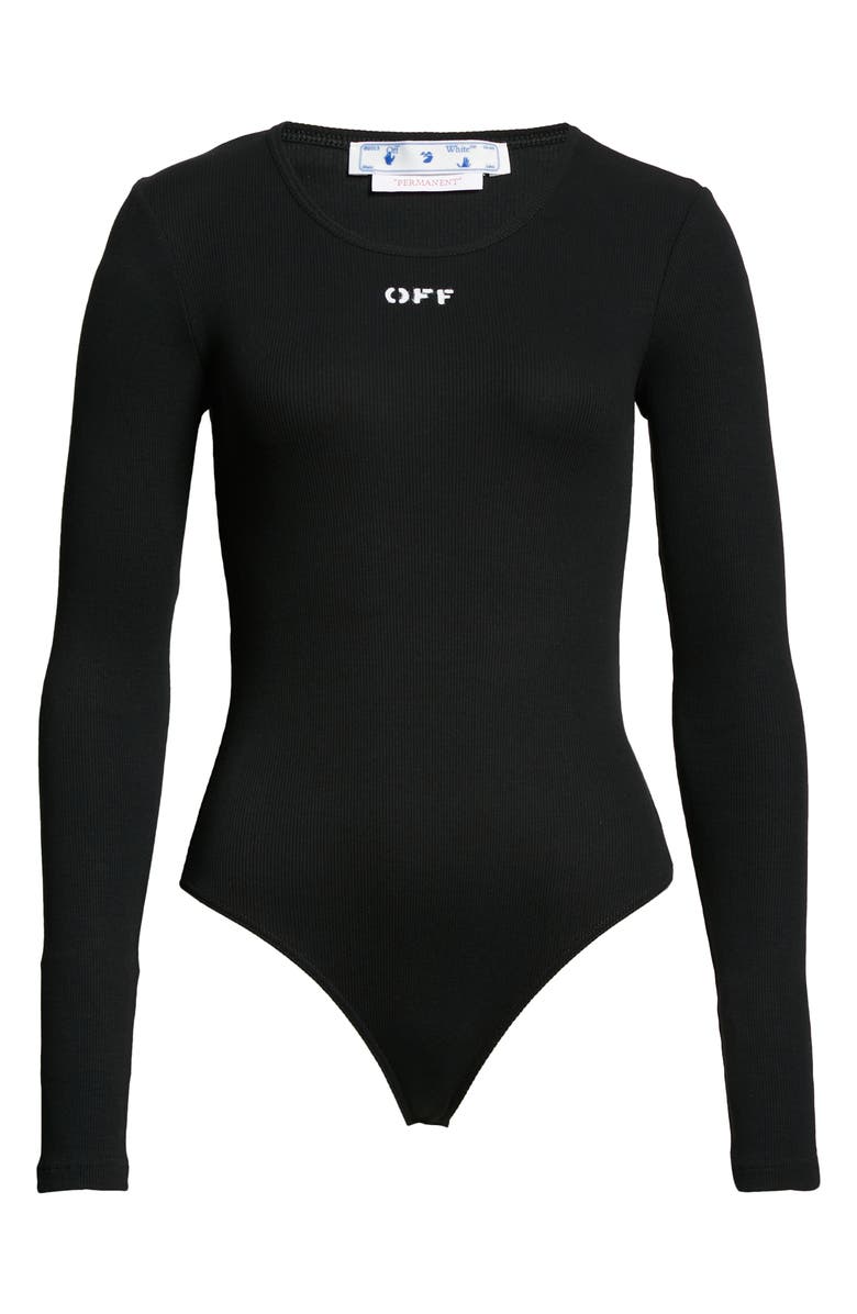 Off-White Logo Stamp Rib Stretch Organic Cotton Bodysuit, Alternate, color, 
