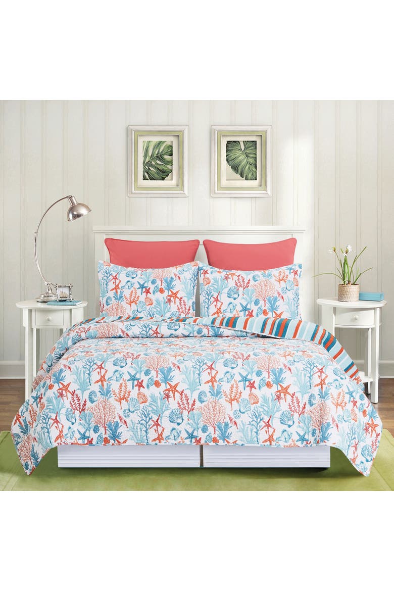 Tangerine Coast Cotton Quilt Set - Reversible and Machine Washable, Alternate, color, Blue