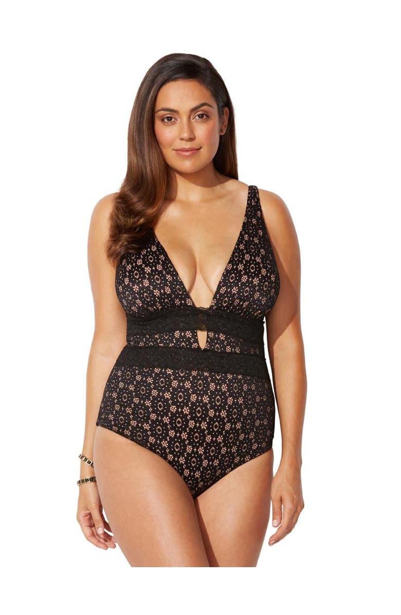 Swimsuits for All Lace Plunge One Piece Swimsuit, Main, color, Black Lace