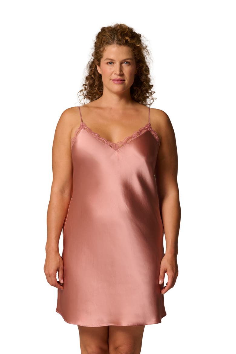 Love Me Night Lace Trim Silk Blend Chemise, Alternate, color, SMOKEY PINK