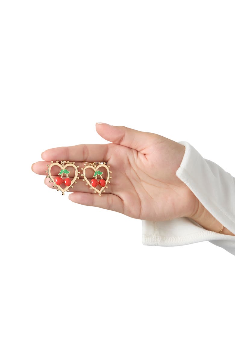 Cherry Heart Drop Earrings, Alternate, color, Gold tone, red