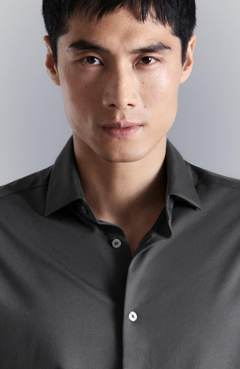 MANGO Slim Fit Cotton Blend Button-Up Shirt, Alternate, color, Charcoal