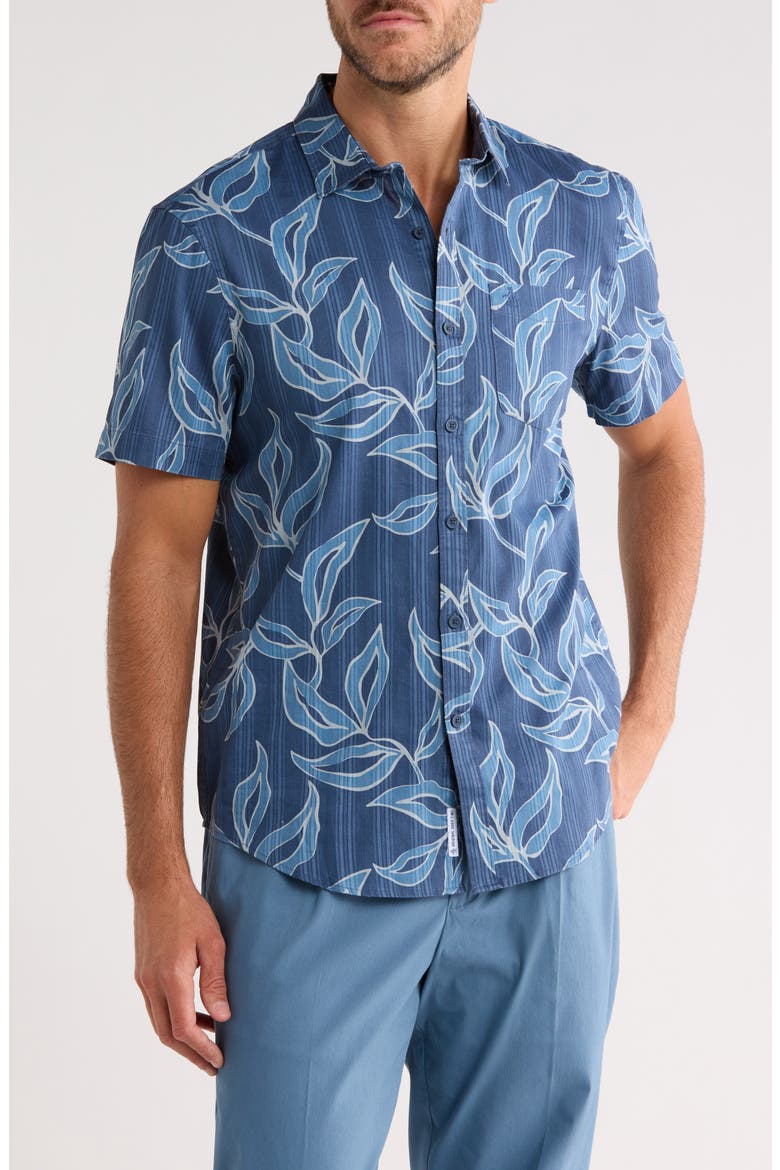 Leaves Print Cotton Button-Up Shirt, Main, color, SARGASSO SEA