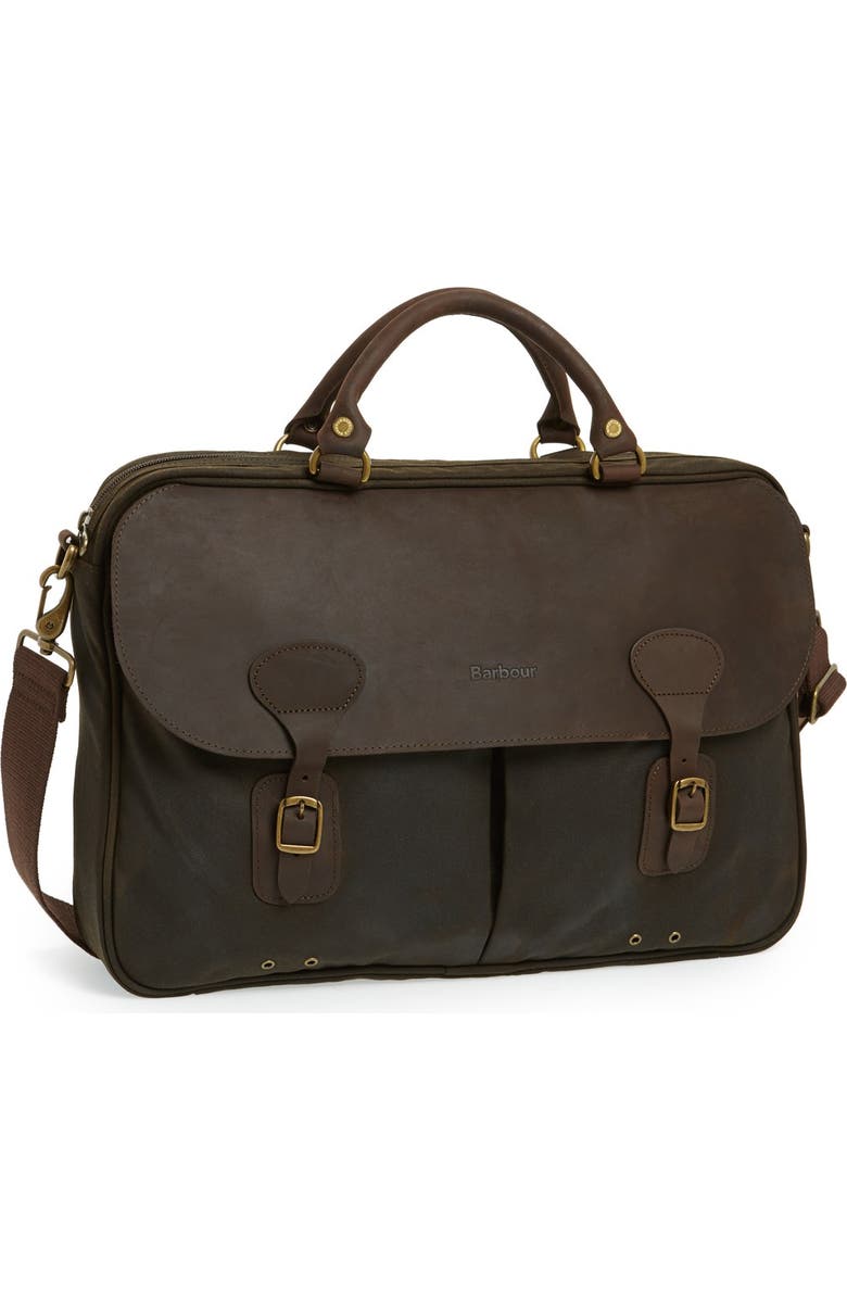 Barbour Waxed Leather Briefcase, Main, color, Olive