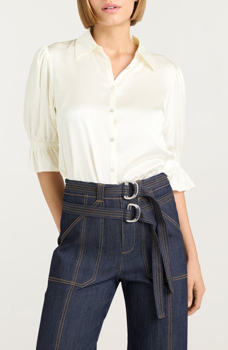 Cinq à Sept Fiona Ruffle Cuff Silk Button-Up Shirt, Main, color, Ivory