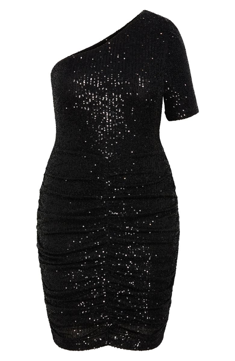 City Chic Sparkle One-Shoulder Body-Con Dress, Alternate, color, Black