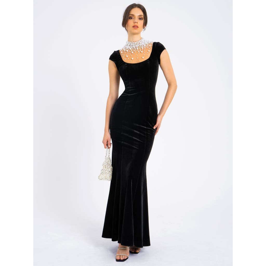 Miss Circle Rachael Velvet Pearl Embellished Gown In Black