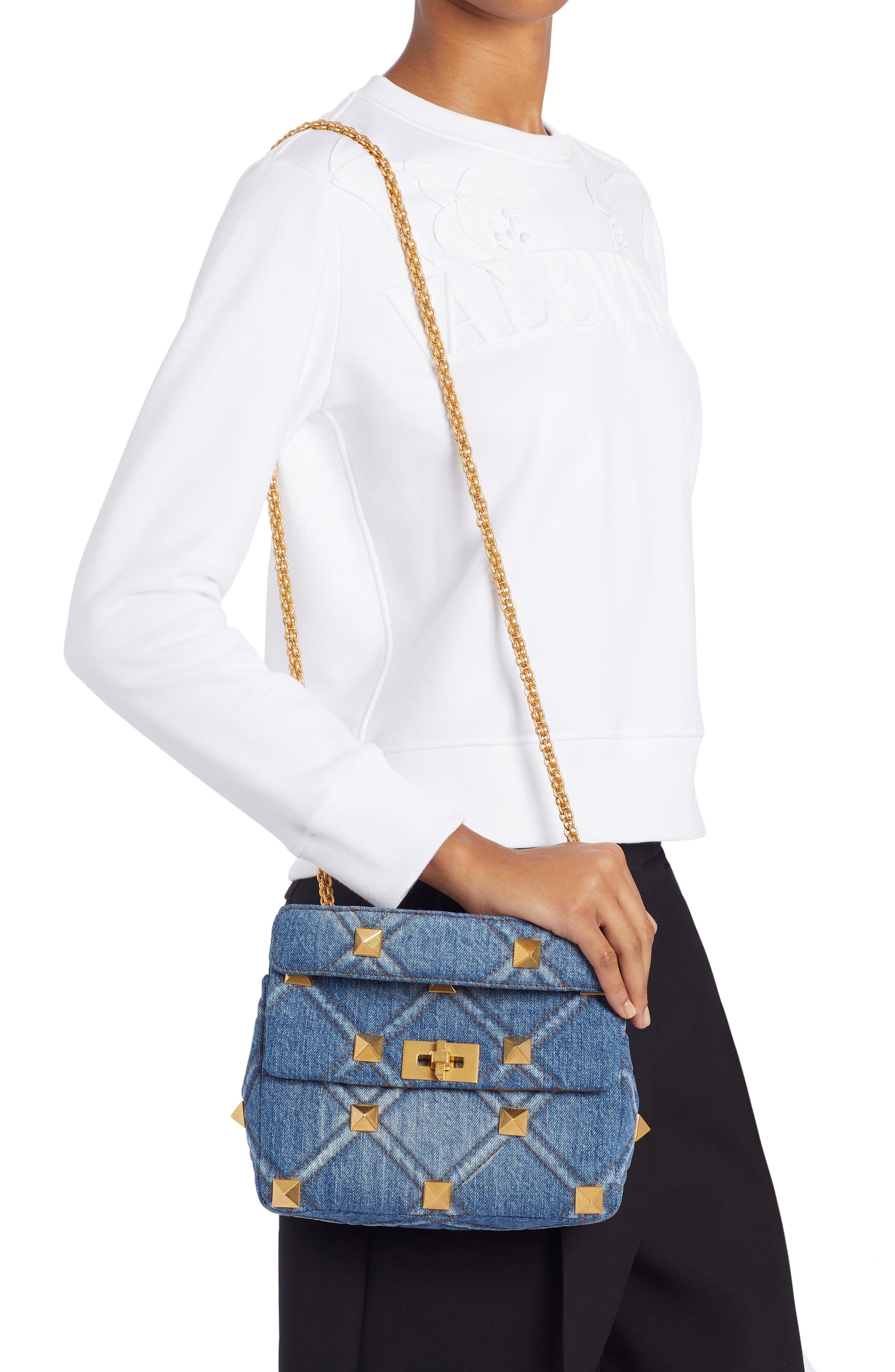 Valentino Garavani Valentino Medium Roman Stud Denim Shoulder Bag, Alternate, color, 