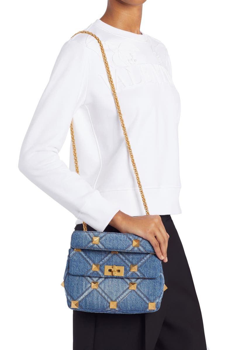 Valentino Garavani Valentino Medium Roman Stud Denim Shoulder Bag, Alternate, color,