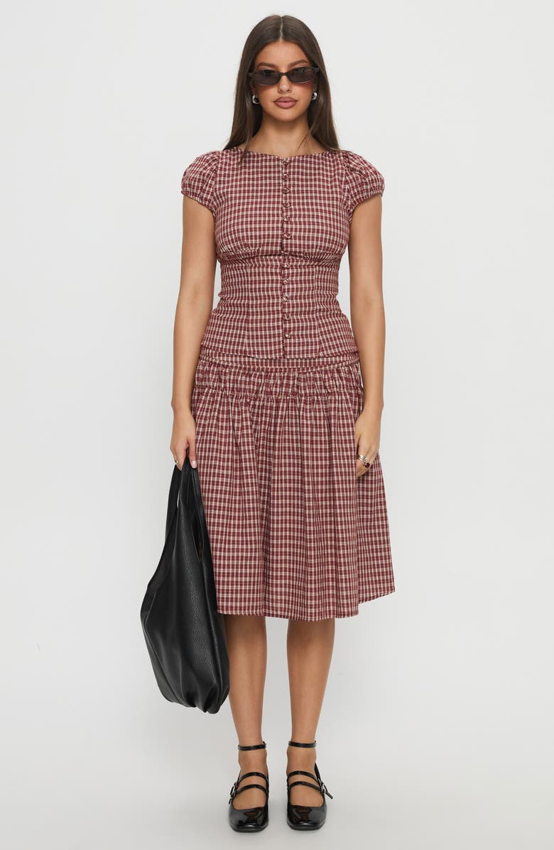 Princess Polly Alixandra Check Cap Sleeve Cotton Button-Up Top, Alternate, color, Red Check