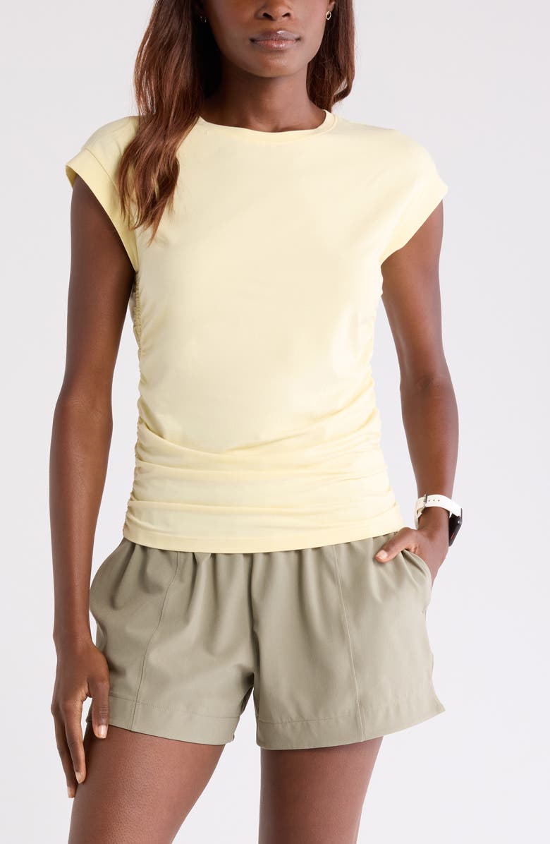 Zella Breezy Ruched Top, Main, color, Yellow Flan