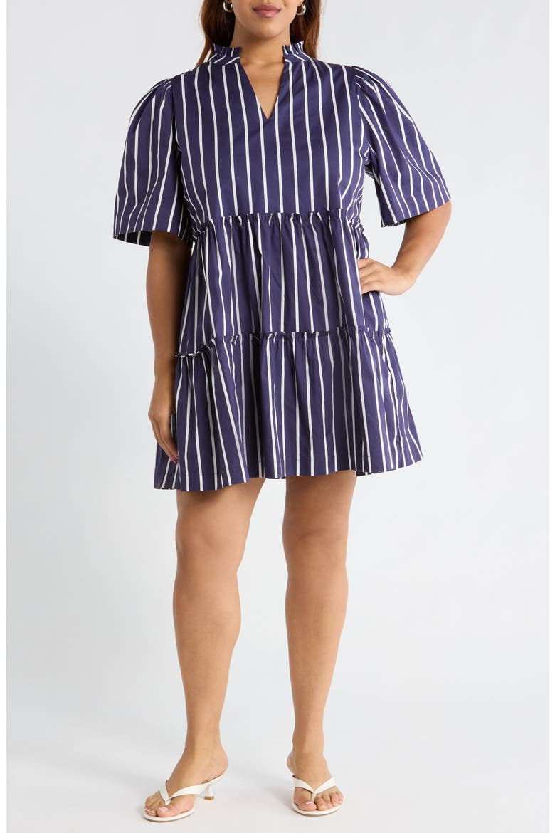 Stripe Split Neck Trapeze Dress, Main, color, NAVY-WHT-STRIPE