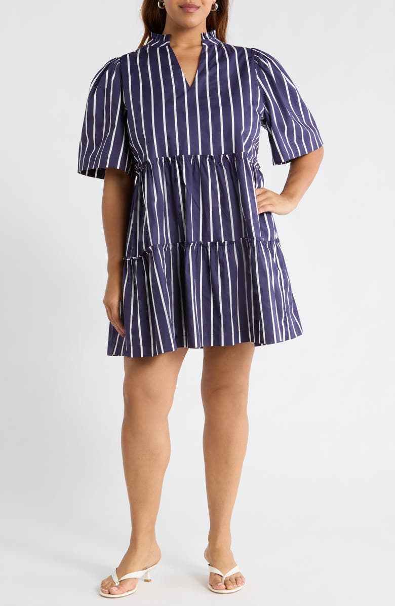 SUGARLIPS Stripe Split Neck Trapeze Dress, Main, color, Navy-Wht-Stripe