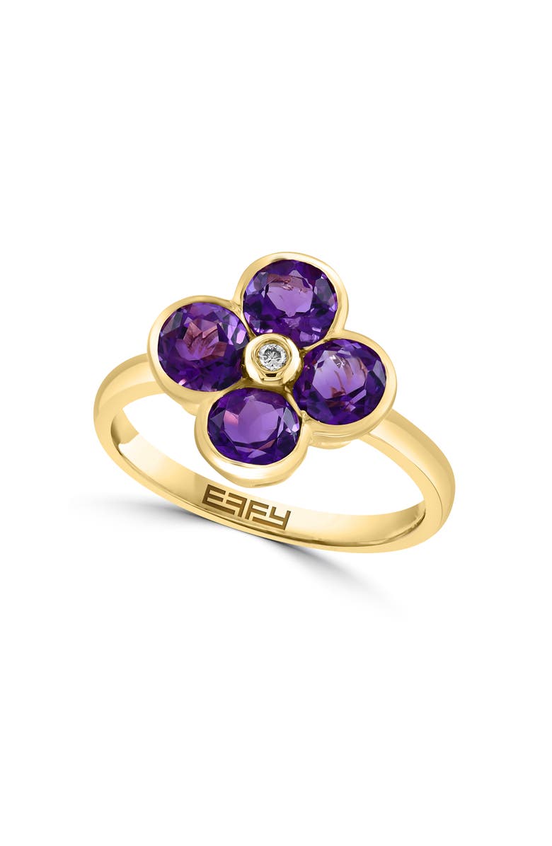 EFFY 14K Yellow Gold Floral Amethyst & Diamond Ring, Main, color, 