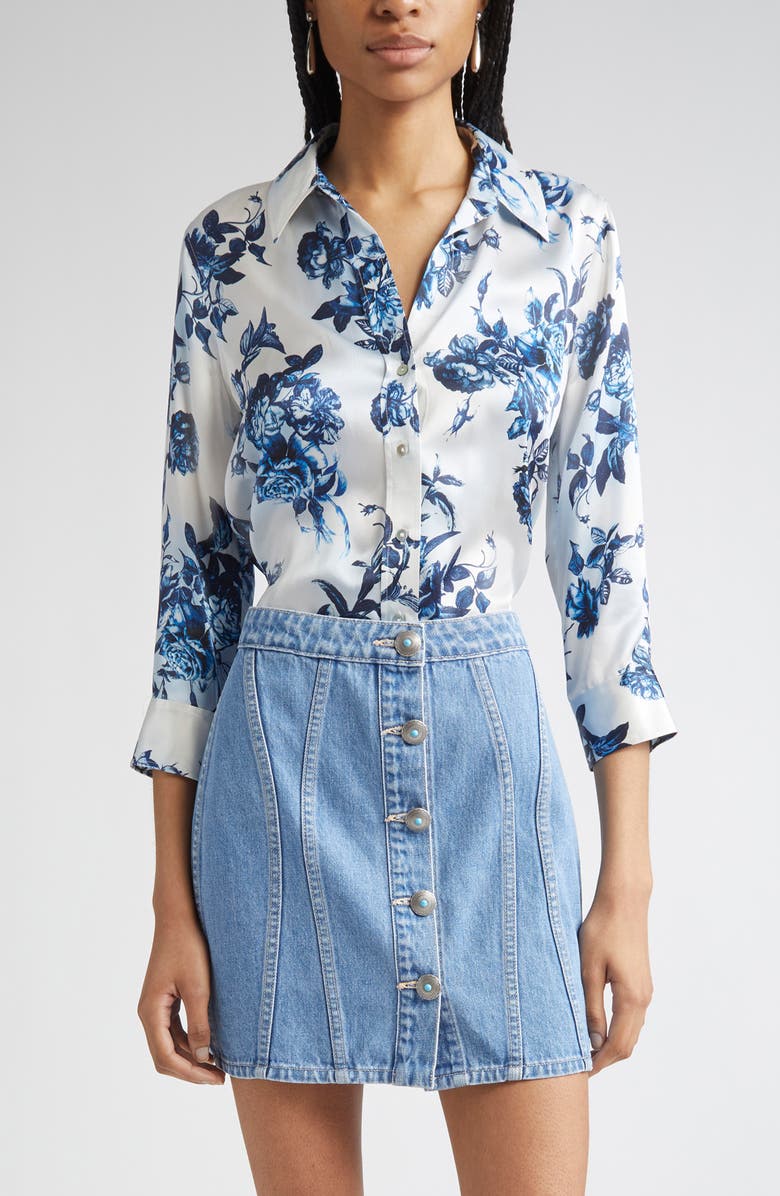 L'AGENCE Dani Floral Silk Button-Up Shirt, Main, color, White/ Blue Painterly Floral