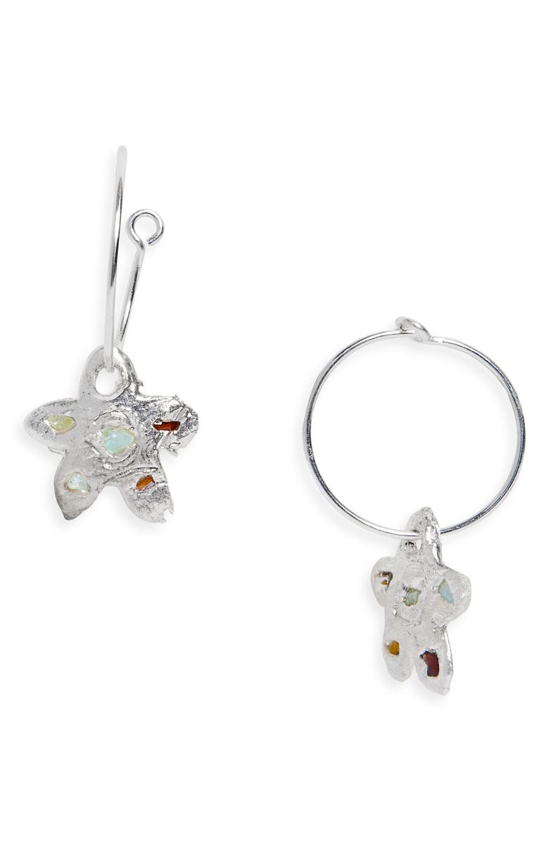 CAFE FORGOT x Alterita Silver & Sea Glass Flower Charm Hoop Earrings, Main, color, 