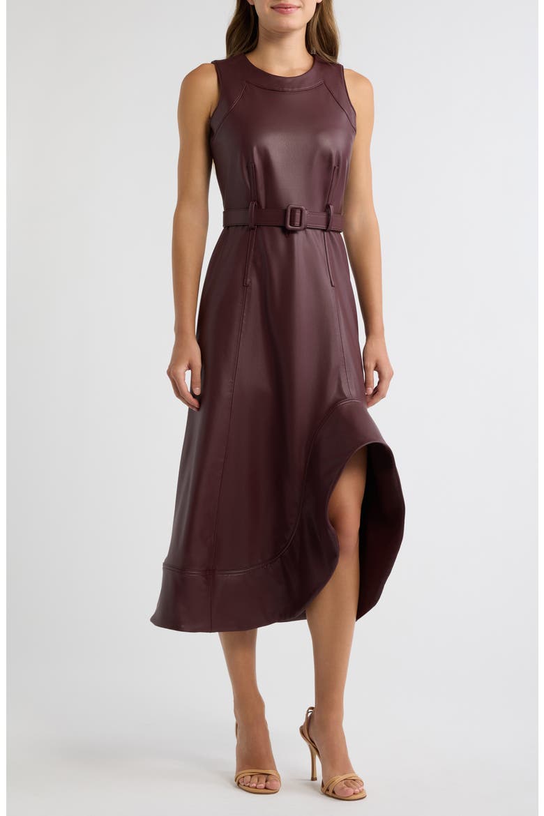 Asymmetrical Hem Faux Leather A-Line Midi Dress, Main, color, BAROLO