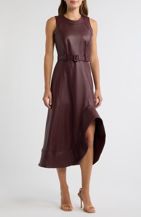 Asymmetrical Hem Faux Leather A-Line Midi Dress
