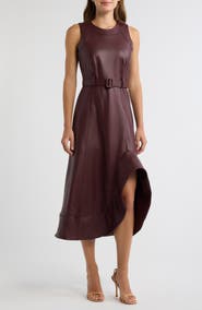 Anne Klein Asymmetrical Hem Faux Leather A-Line Midi Dress