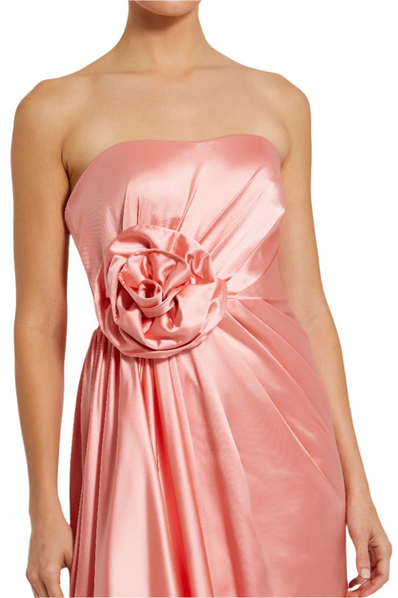 Women's Strapless Satin Gown with Floral 3D Accent, Alternate, color, Coral