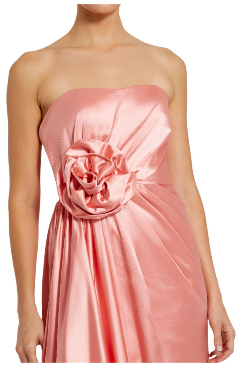 Mac Duggal Women's Strapless Satin Gown with Floral 3D Accent, Alternate, color, Coral