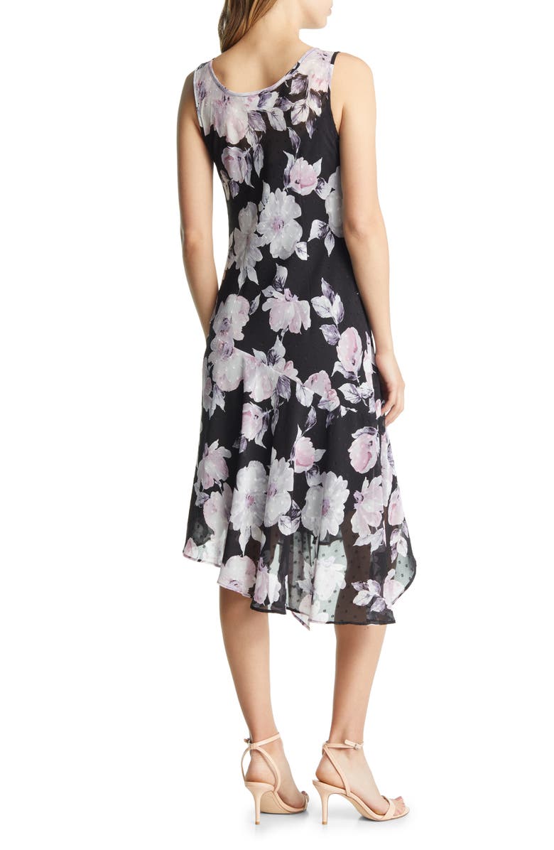 Connected Apparel Swiss Dot Floral Asymmetric Chiffon Midi Dress, Alternate, color, 