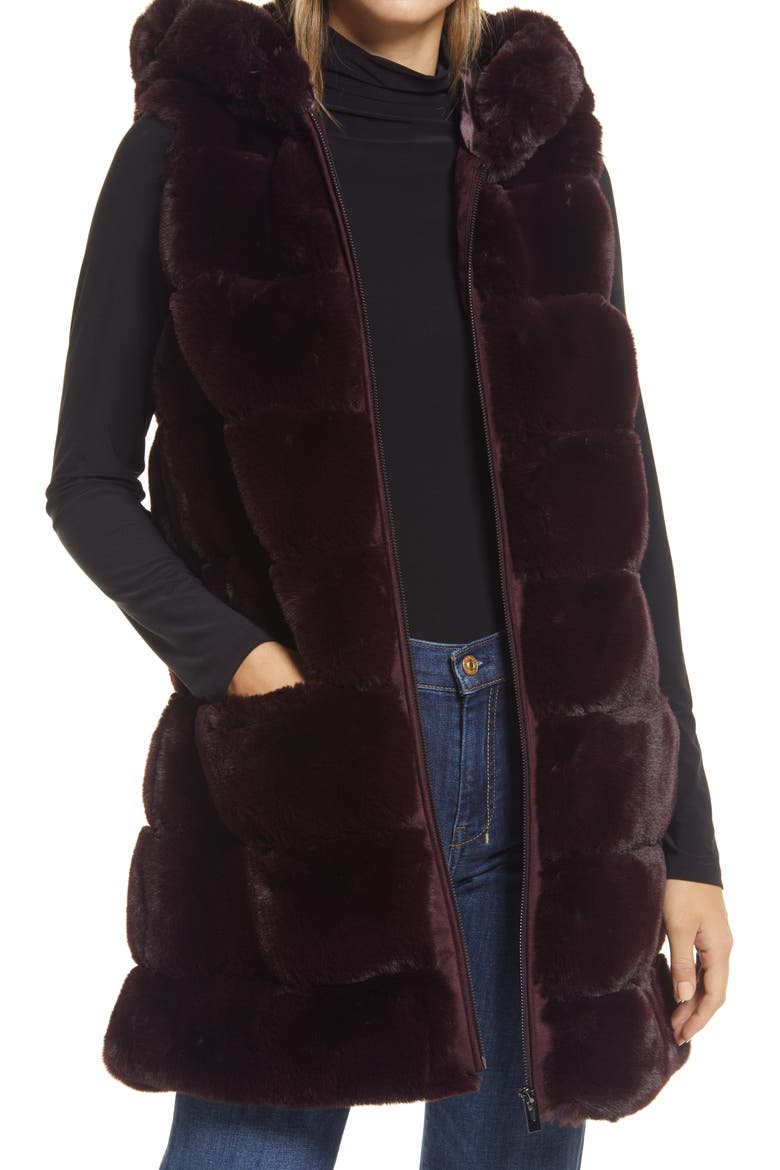 Grooved Faux Fur Hooded Vest, Main, color, BURGUNDY