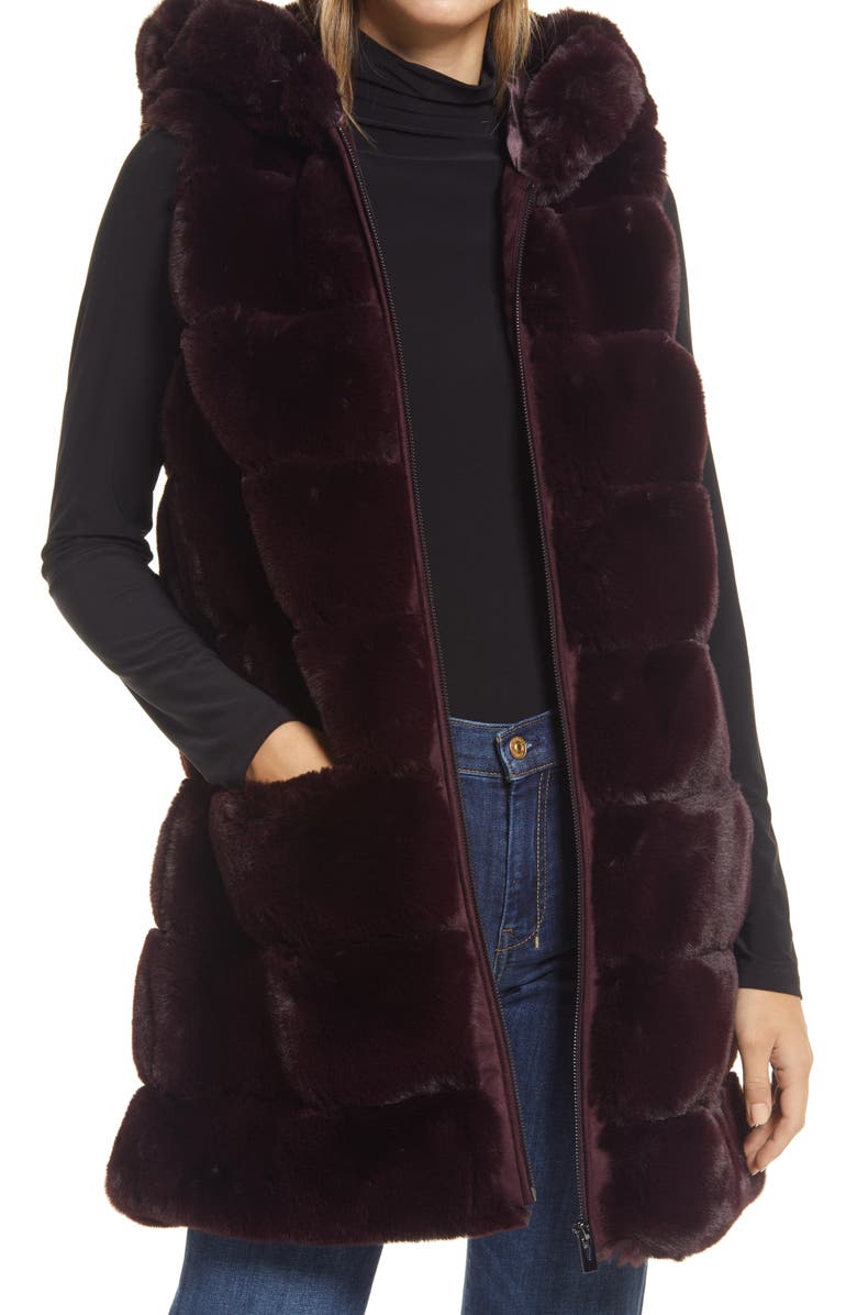 Via Spiga Grooved Faux Fur Hooded Vest, Main, color, Burgundy