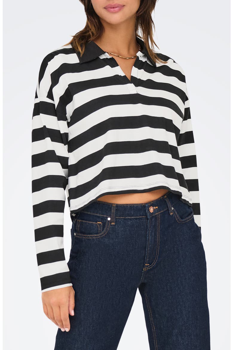 May Life Stripe Boxy Polo Top, Main, color, BLACKSTRIPES CLOUD DANCER